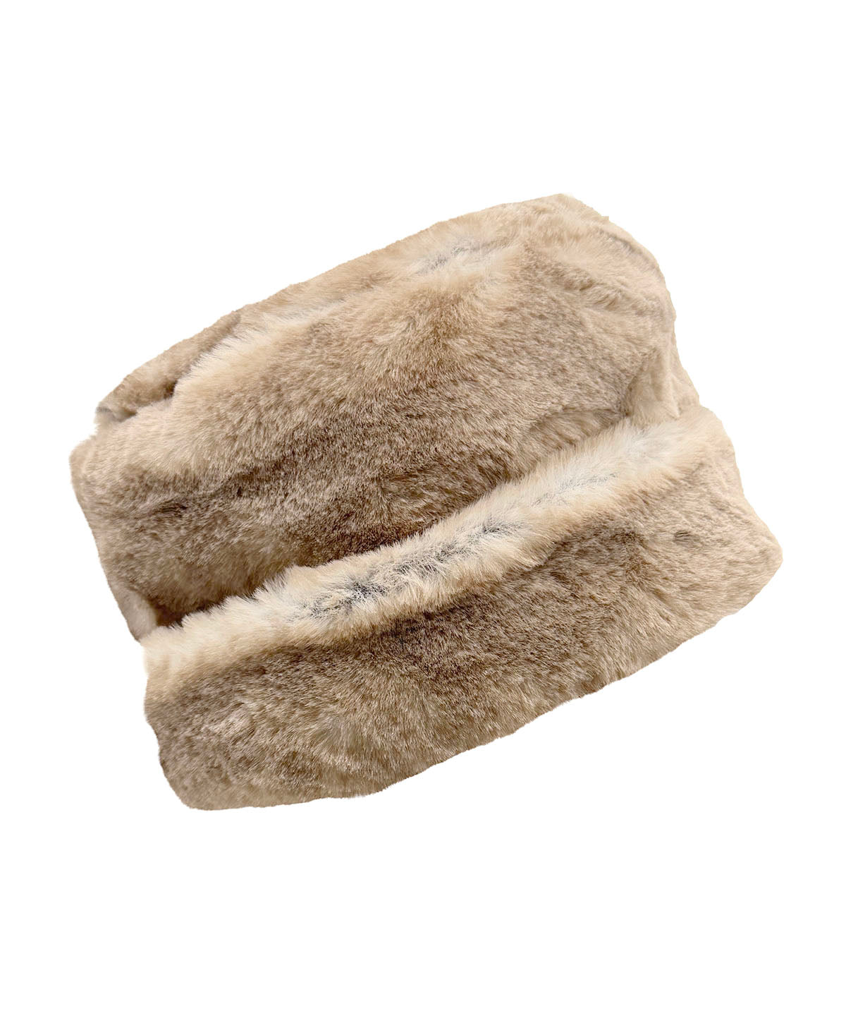 Solid Cuffed Pillbox in Luxury Coastal Plush Faux Fur in Golden Bluff with the cuff turned up. Made in Seattle, WA, USA by Pandemonium Seattle.
