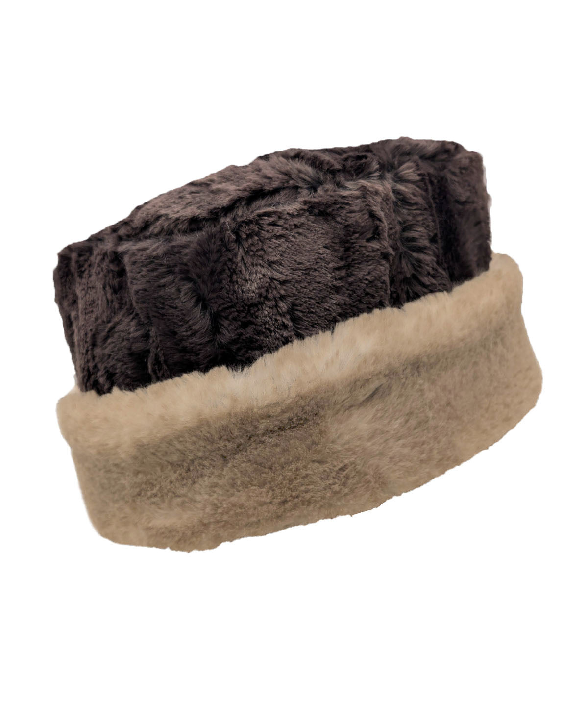 Two-Tone Cuffed Pillbox in Luxury Coastal Plush Faux Fur in Golden Bluff and Espresso Bean. Shown reversed to Luxury Faux Fur in Espresso Bean with the cuff turned up to show Golden Bluff Faux Fur. Made in Seattle, WA, USA by Pandemonium Seattle.