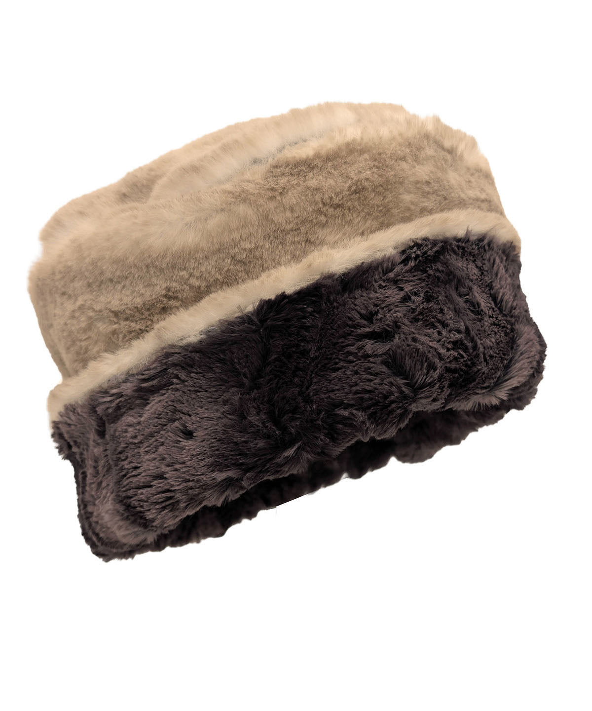 Two-Tone Cuffed Pillbox in Luxury Coastal Plush Faux Fur in Golden Bluff and Espresso Bean with the cuff turned up to show Espresso Bean Faux Fur. Made in Seattle, WA, USA by Pandemonium Seattle.