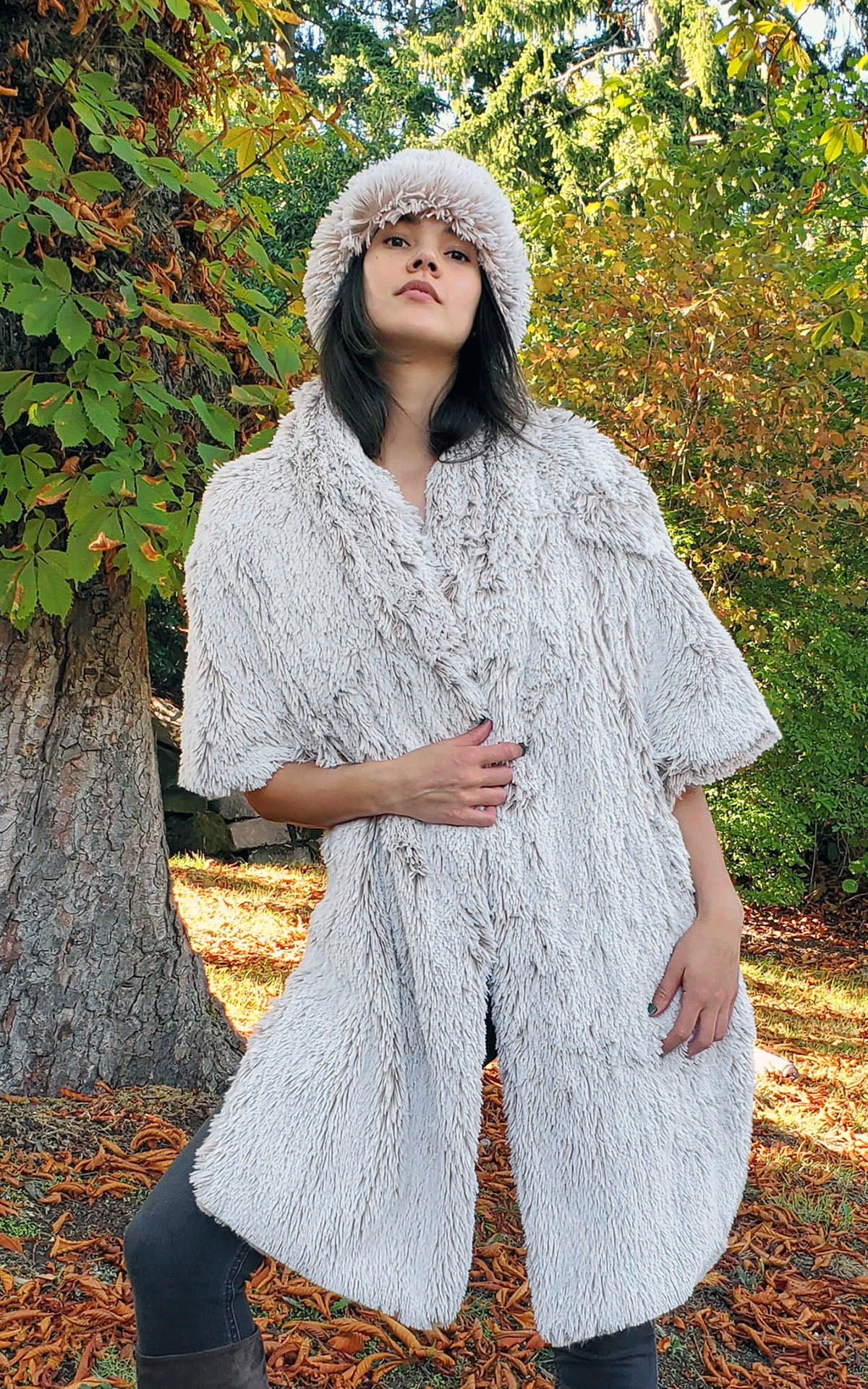 Model wearing Shrug Wrap in Foxy Beach Faux Fur Handmade by Pandemonium Seattle