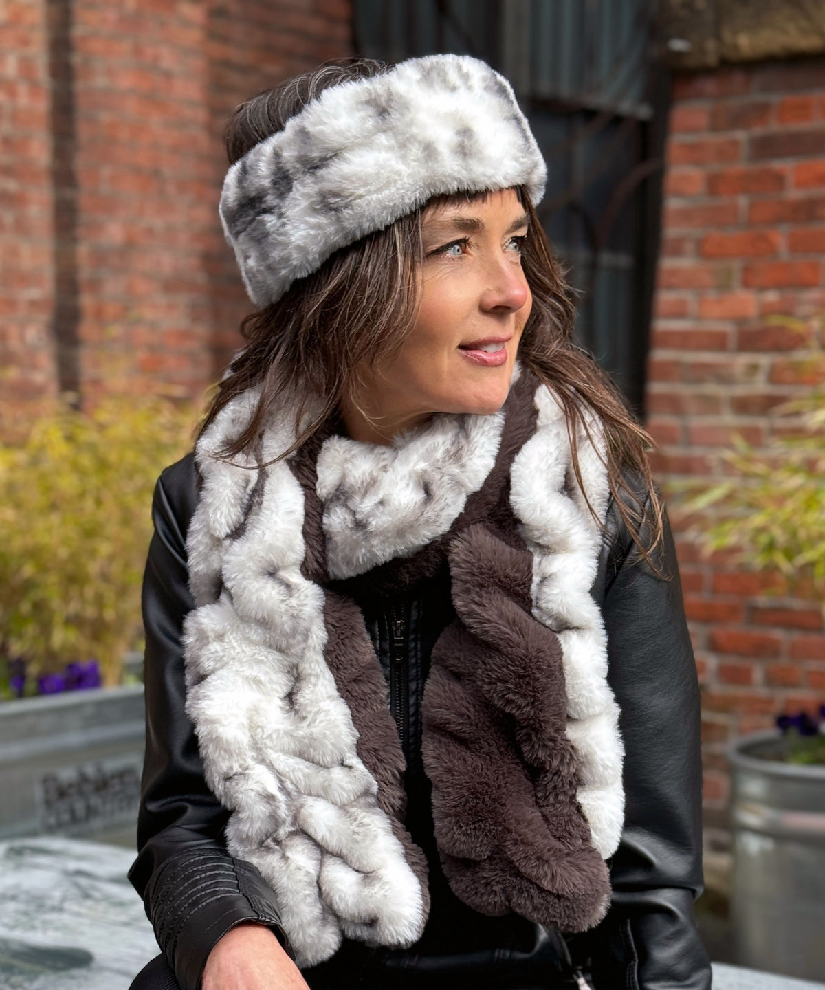 Two-Tone Scarf and Ear Neck Cozy Narrow on model | Aspen and Mink Gray  Royal Opulence Faux Fur | Handmade USA Pandemonium Seattle
