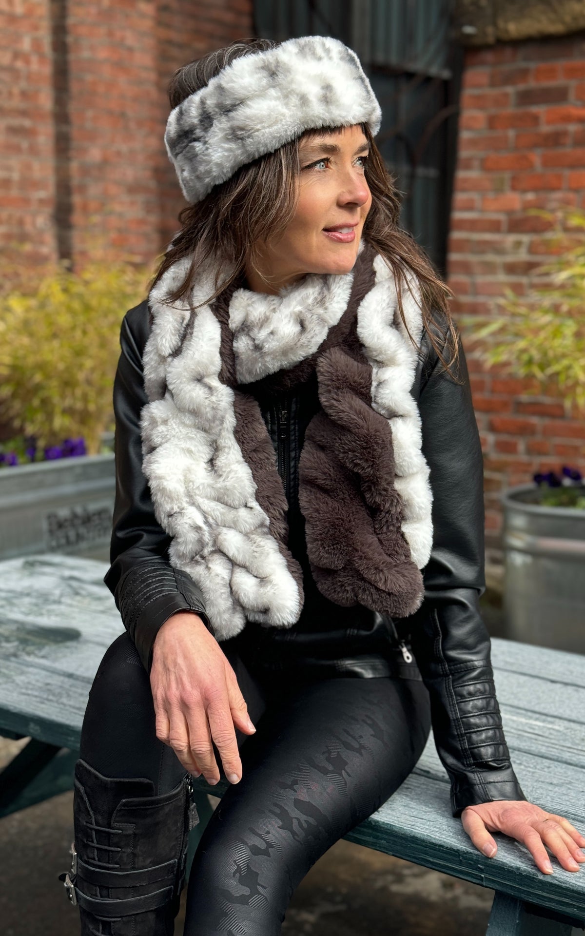 Two-Tone Scarf and Ear Neck Cozy Narrow on model | Aspen and Mink Gray  Royal Opulence Faux Fur | Handmade USA Pandemonium Seattle