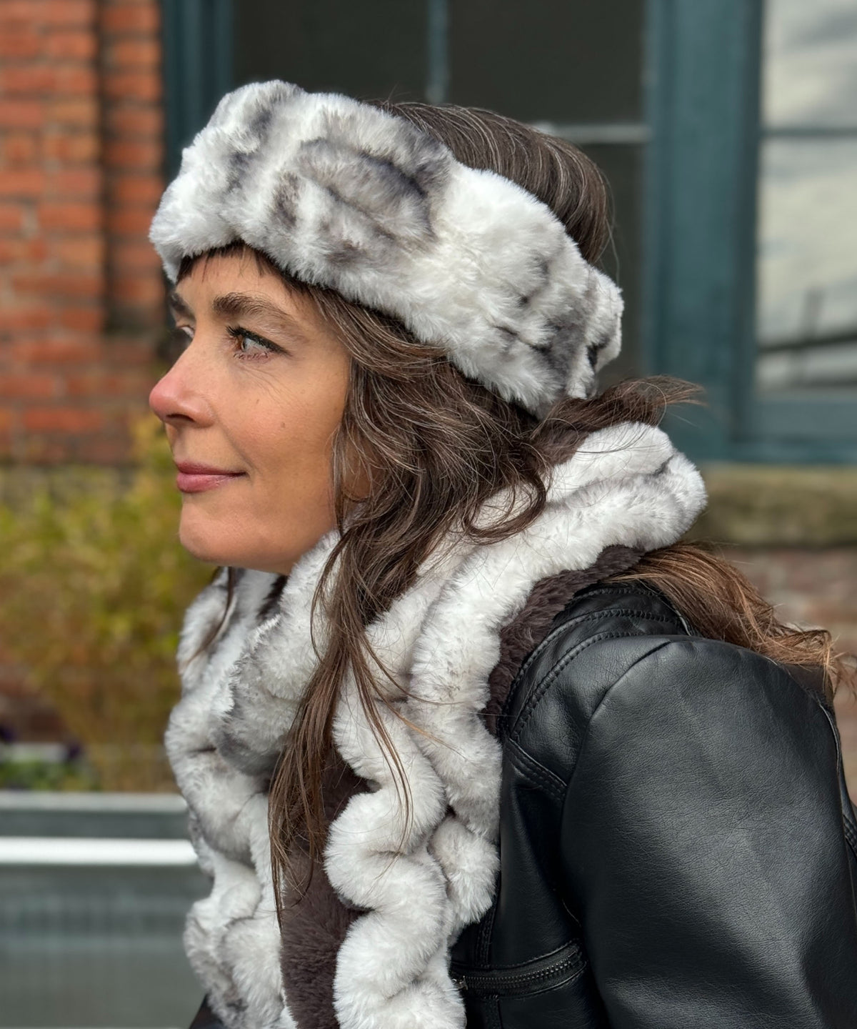 Two-Tone Scarf and Ear Neck Cozy Narrow on model | Aspen and Mink Gray  Royal Opulence Faux Fur | Handmade USA Pandemonium Seattle