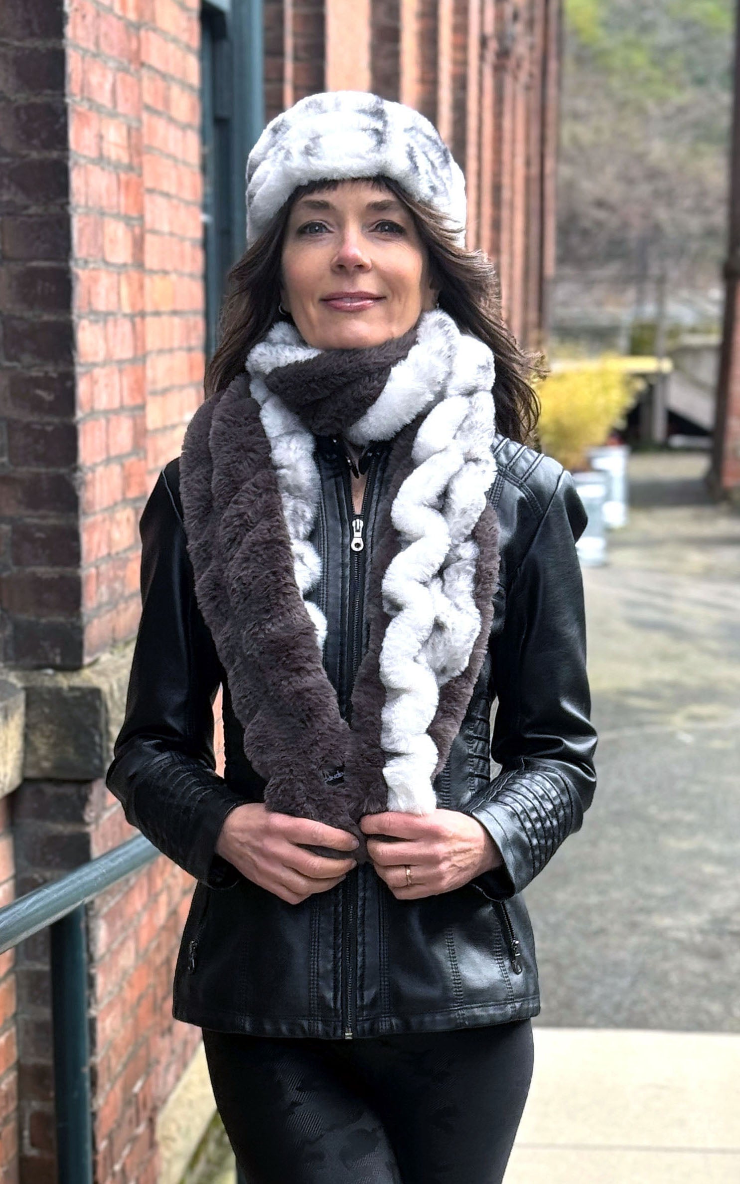 Two-Tone Scarf on model | Aspen and Mink Gray  Royal Opulence Faux Fur | Handmade USA Pandemonium Seattle