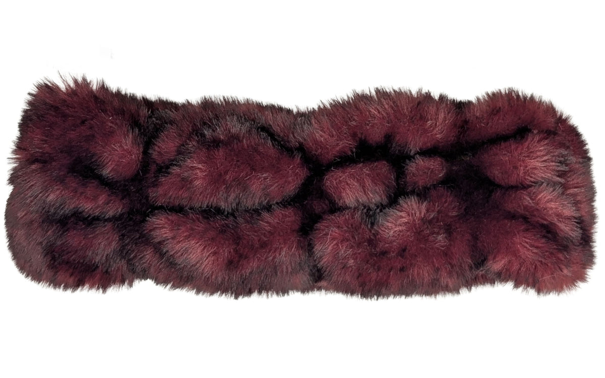 Cherry Bomb Narrow Ear / Neck Cozy in Royal Opulence faux fur. Handmade by Pandemonium Seattle, USA