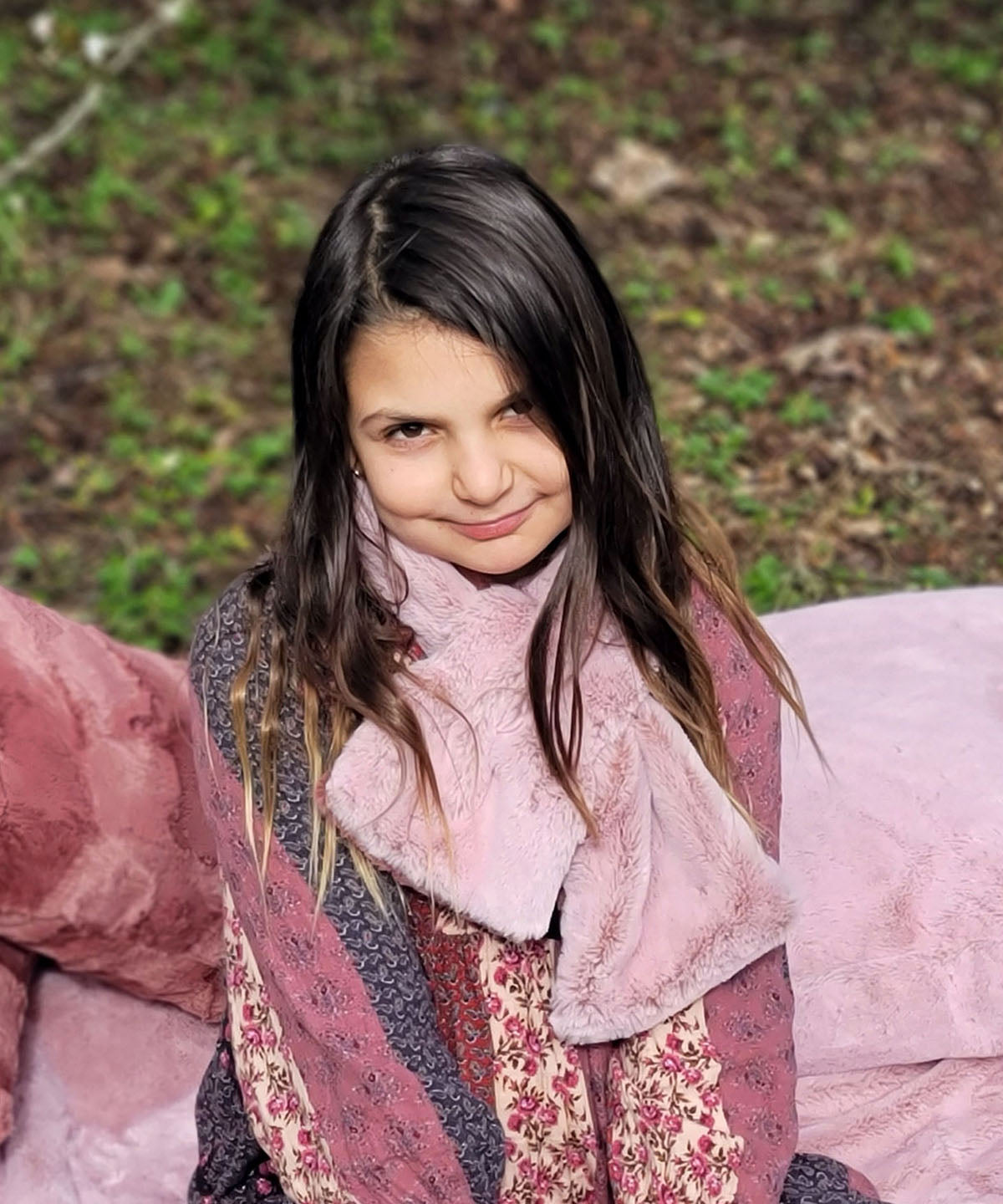 Pull-Thru Scarf on Girl | Frosted Cedar Faux Fur | Handmade USA by Pandemonium Seattle