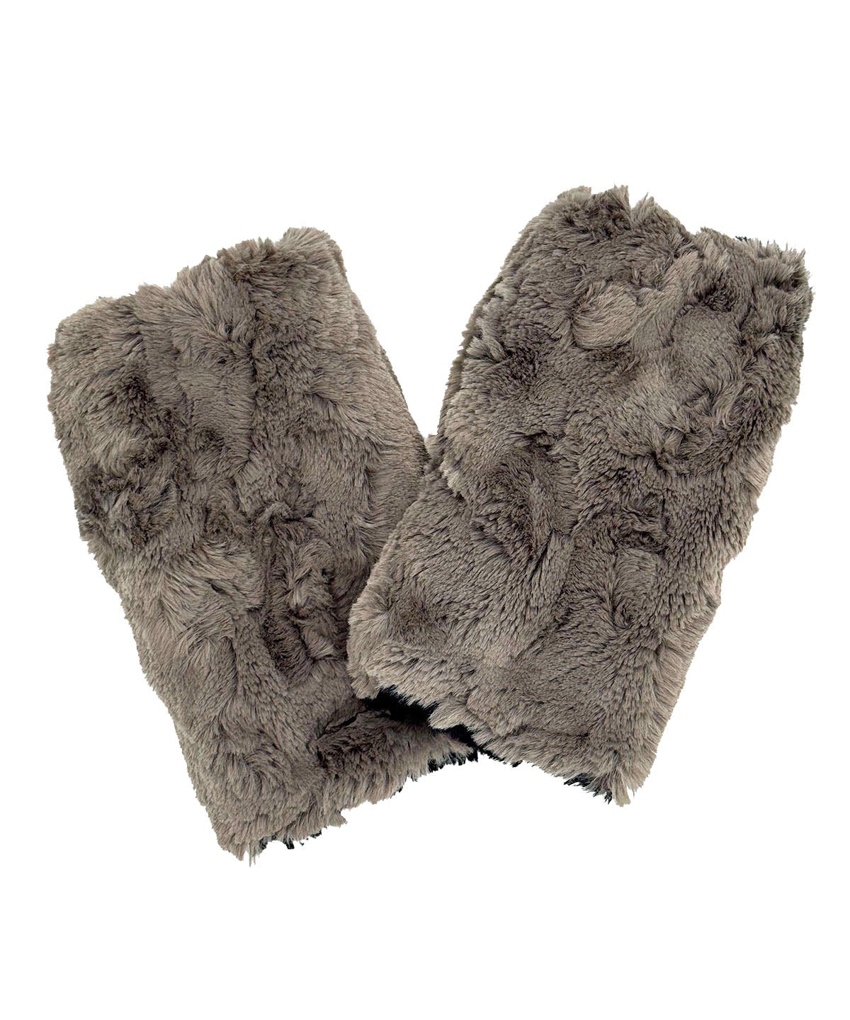 Fingerless Gloves in Cuddly Taupey Faux Fur with reversible Cuddly Black Faux Fur. Made in Seattle, WA, USA by Pandemonium Seattle.