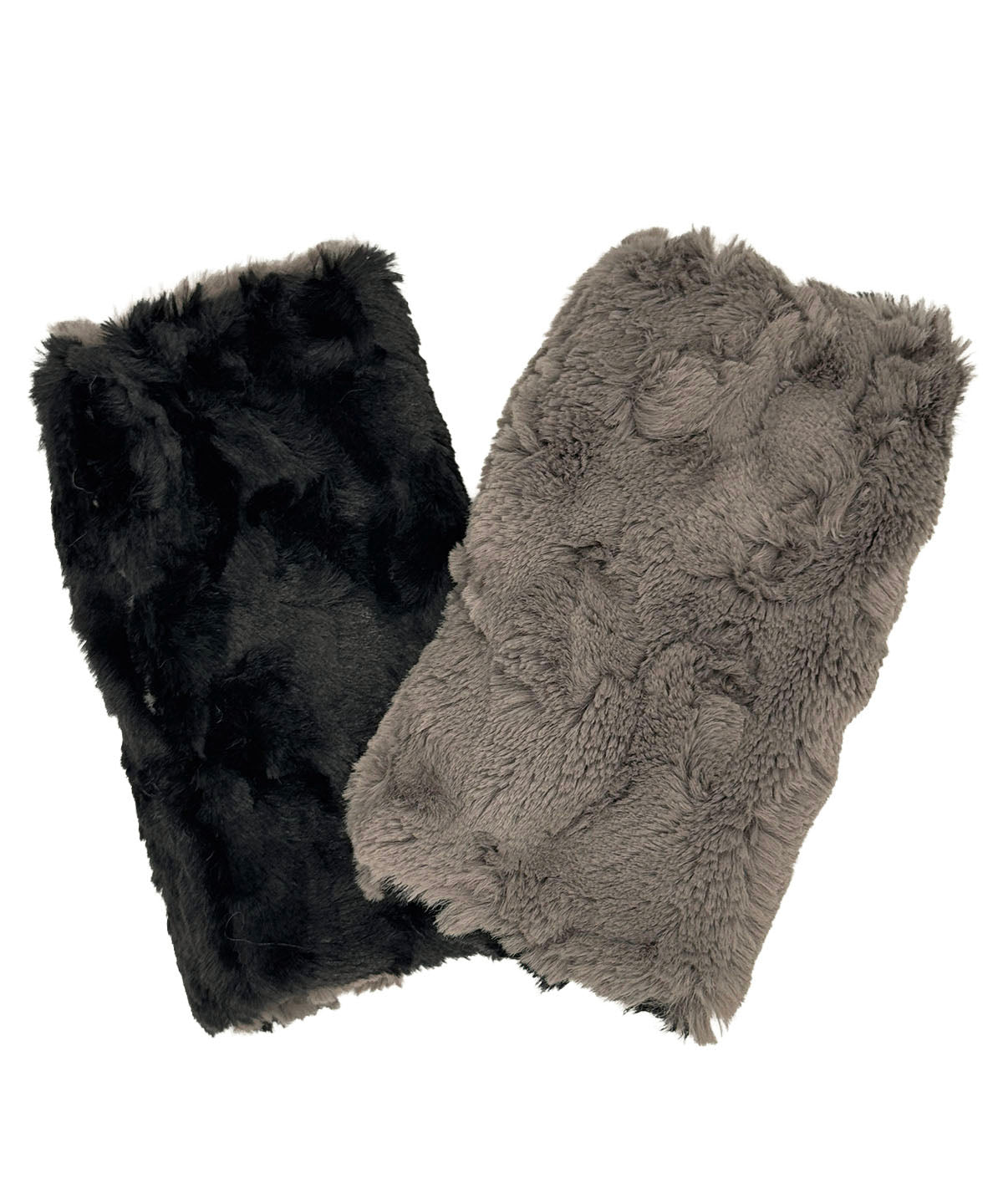 Fingerless Gloves in Cuddly Taupey Faux Fur with reversible Cuddly Black Faux Fur. Shown with glove reversed to Cuddly Black side. Made in Seattle, WA, USA by Pandemonium Seattle.