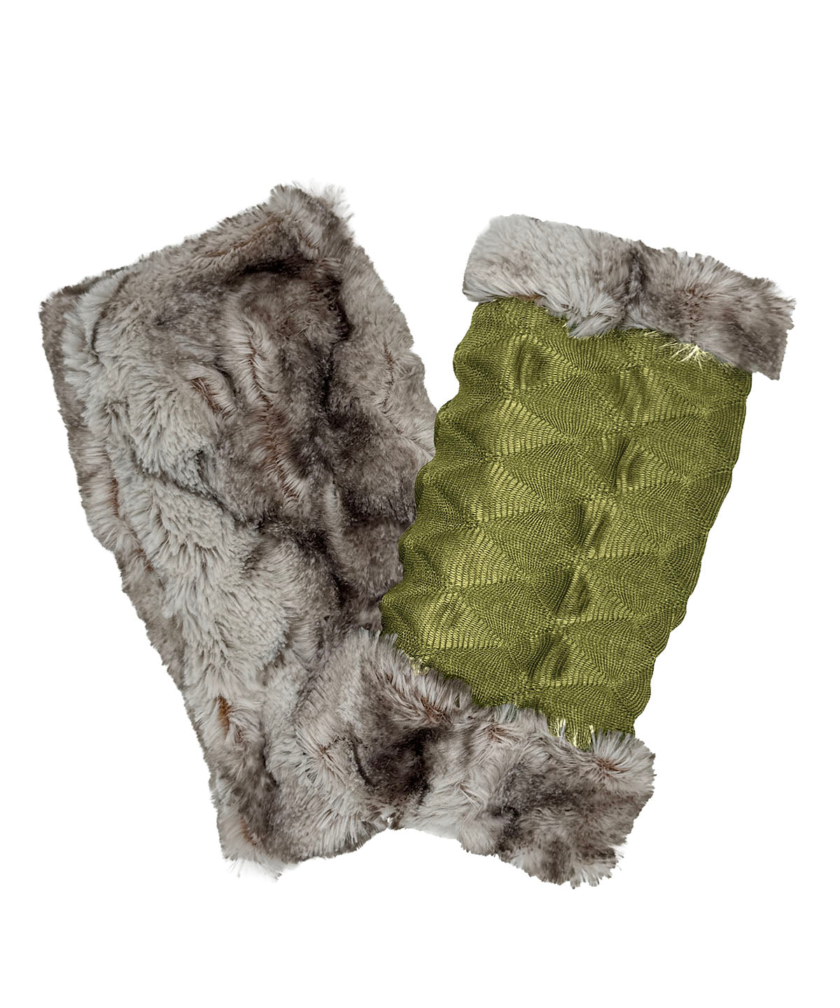 Fingerless Gloves in Fractal Avocado with Rusty Rock Faux Fur on the reverse side. Shown with one glove reversed to display the Rusty Rock Faux Fur side. Made in Seattle, WA, USA by Pandemonium Seattle.