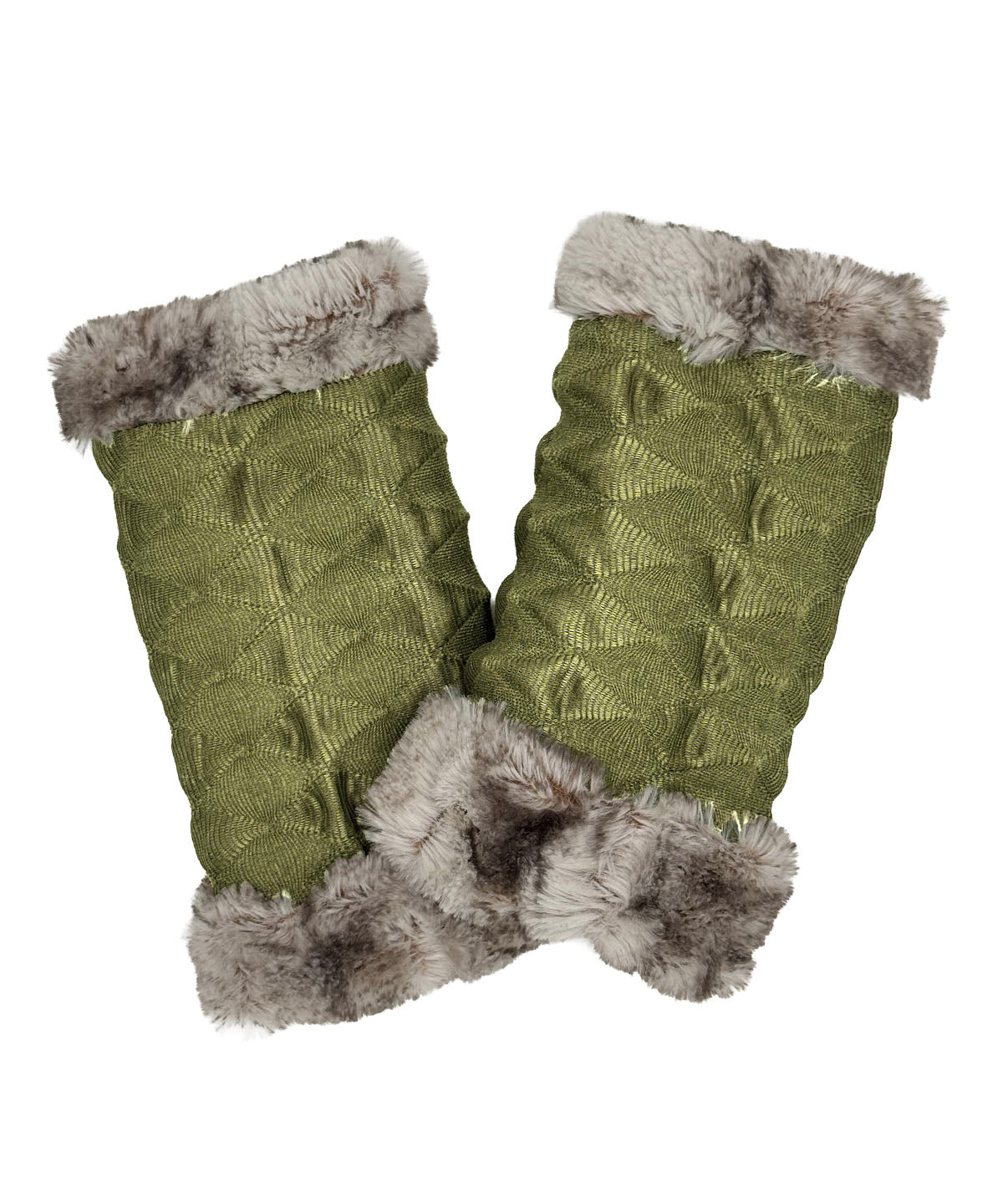 Fingerless Gloves in Fractal Avocado with Rusty Rock Faux Fur on the reverse side. Made in Seattle, WA, USA by Pandemonium Seattle.