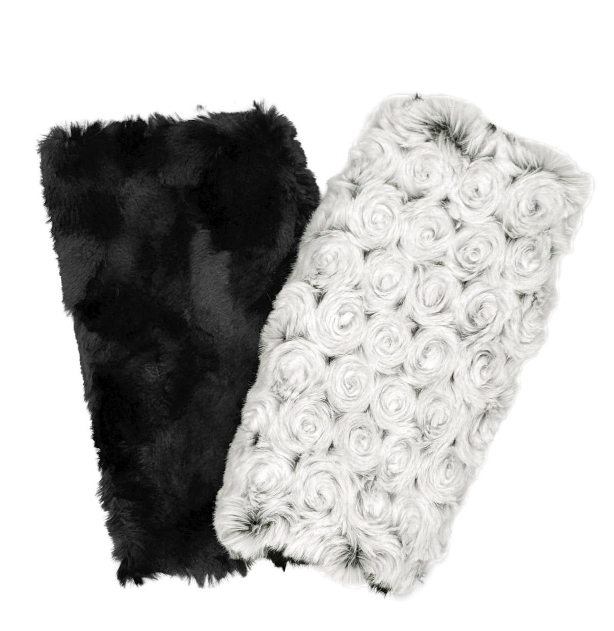 Fingerless Gloves in Rosebud Black Faux Fur and reversible to Cuddly Black Faux Fur, shown with glove reversed to display Cuddly Black side. Made in Seattle, WA, USA by Pandemonium Seattle.