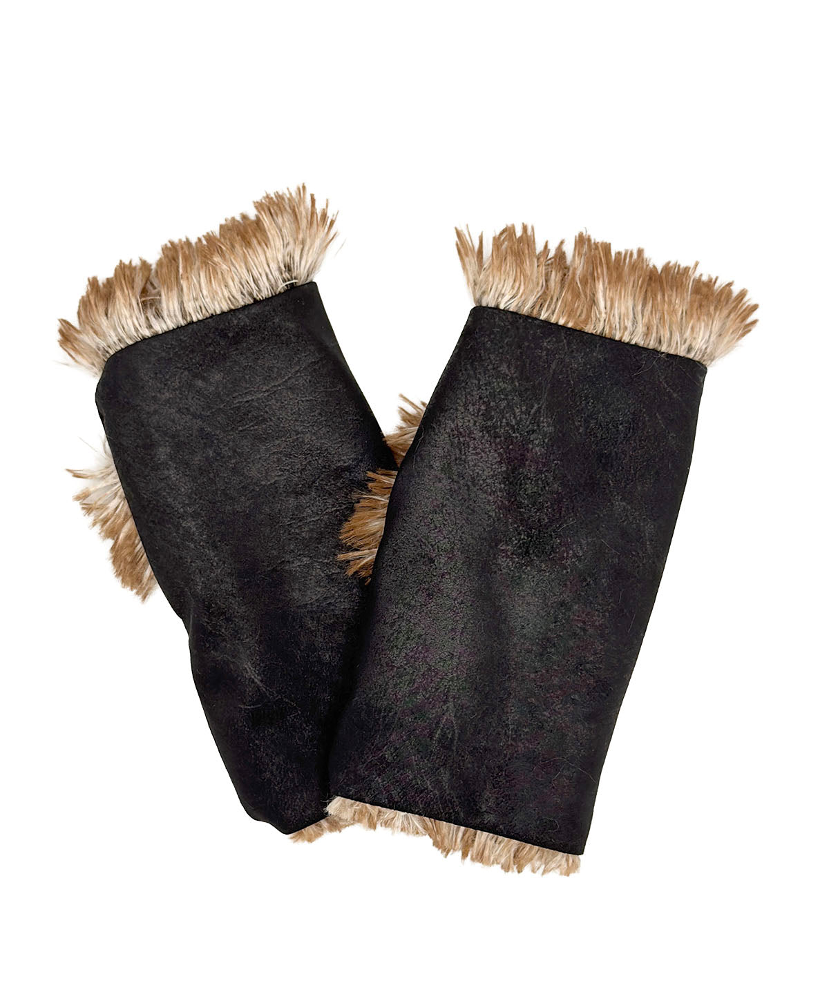 Fingerless Gloves in Vegan Rustic Leather in Noir with short hair Luxury Faux Fur lining. Made in Seattle, WA, USA by Pandemonium Seattle.