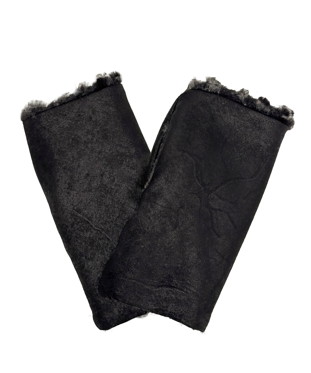 Fingerless Gloves in Vegan Rustic Leather in Noir with short hair Luxury Faux Fur lining. Made in Seattle, WA, USA by Pandemonium Seattle.
