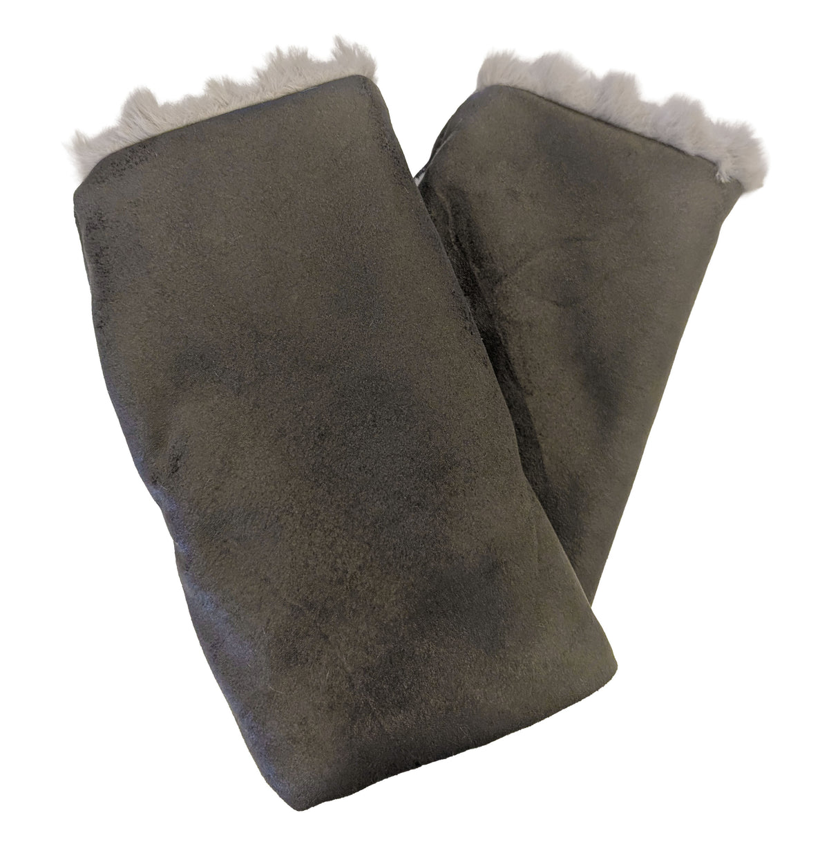 Fingerless Gloves in Vegan Rustic Leather in Olive with short hair Luxury Faux Fur lining. Made in Seattle, WA, USA by Pandemonium Seattle.