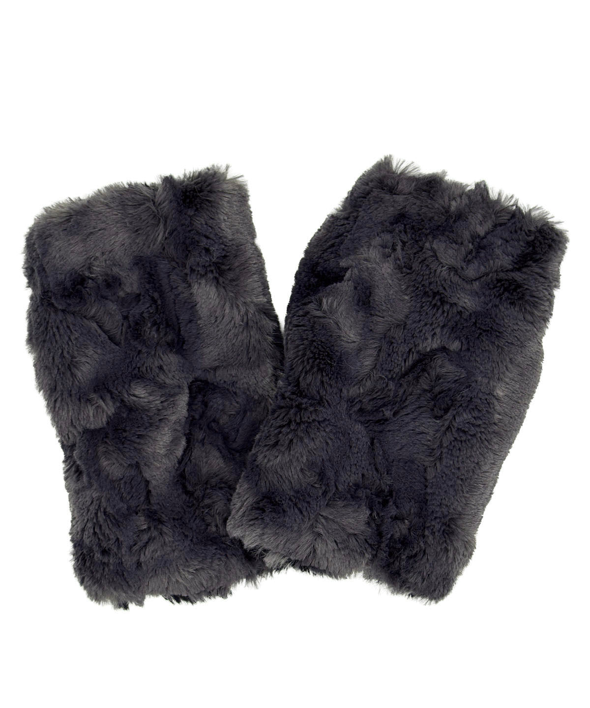 Fingerless Gloves in Cuddly Smoky Faux Fur with reversible lining in Cuddly Black Faux Fur. Made in Seattle, WA, USA by Pandemonium Seattle.