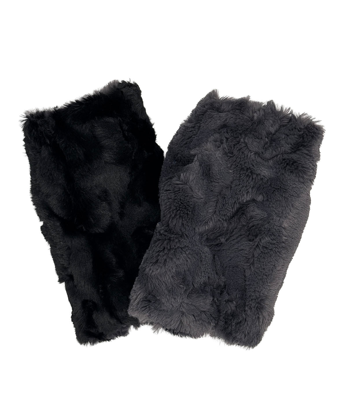 Fingerless Gloves in Cuddly Smoky Faux Fur with reversible lining in Cuddly Black Faux Fur. Made in Seattle, WA, USA by Pandemonium Seattle.