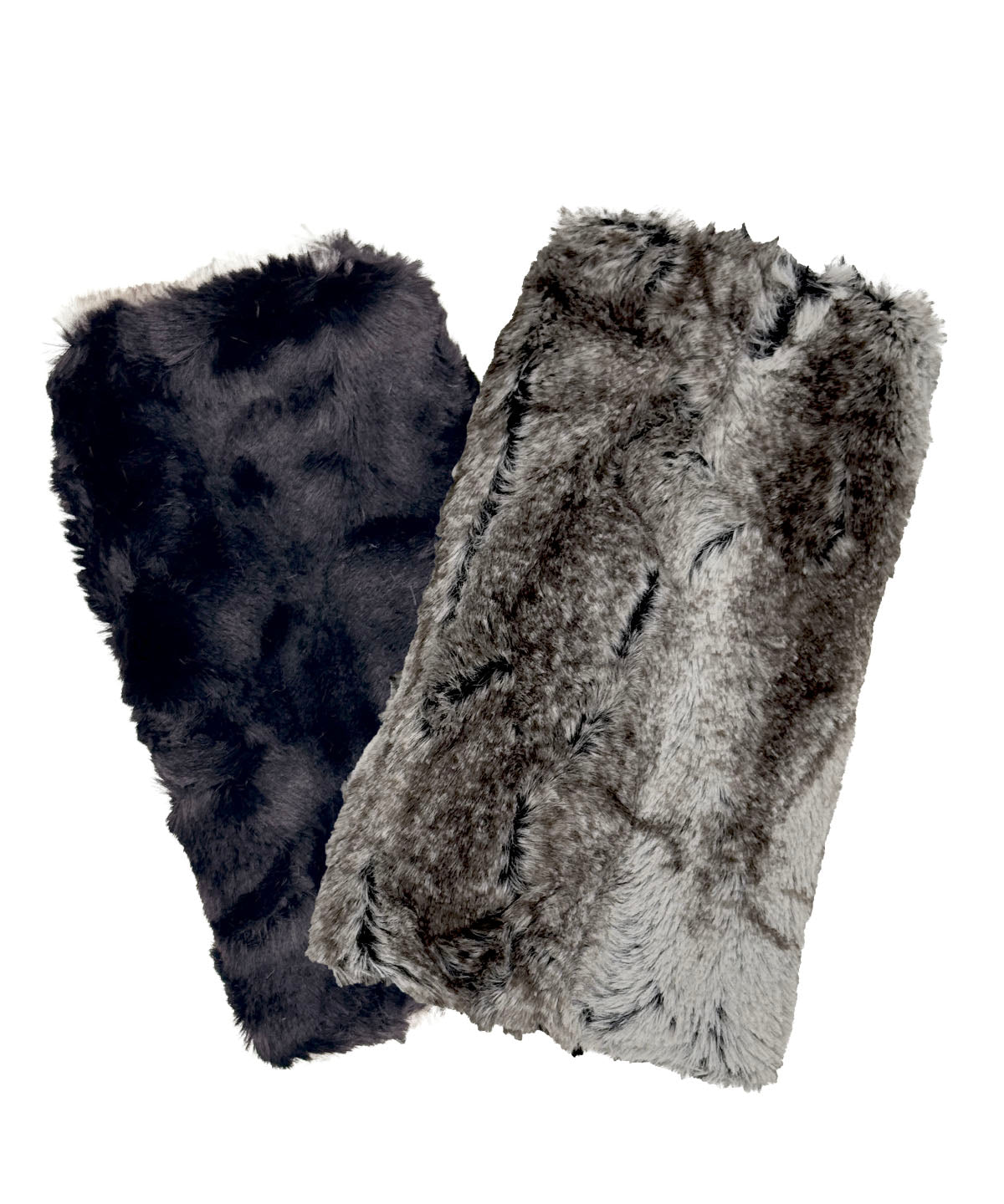 Fingerless Gloves in Classic Luxury Rock Steady Faux Fur and lined with Cuddly Black Faux Fur. Shown reversible to Black side. Made in Seattle, WA, USA by Pandemonium Seattle.