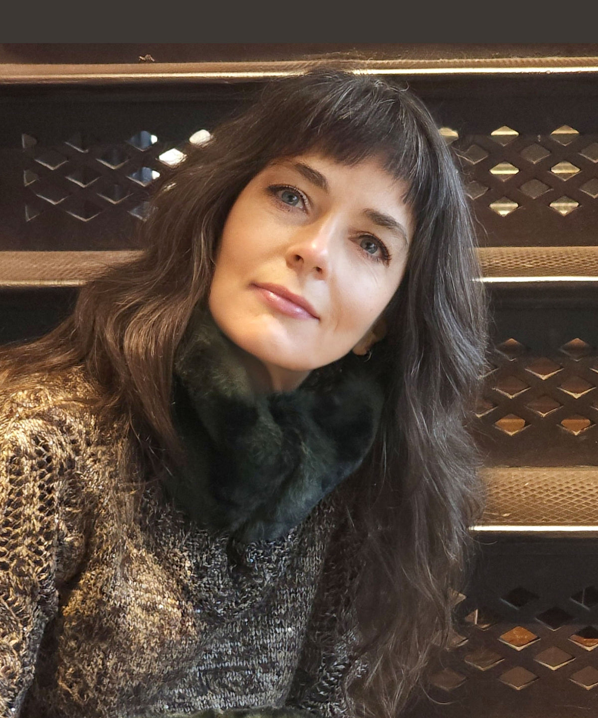 Model wearing Black Pine Wide Neck Cozy in Royal Opulence faux fur. Handmade by Pandemonium Seattle, WA USA