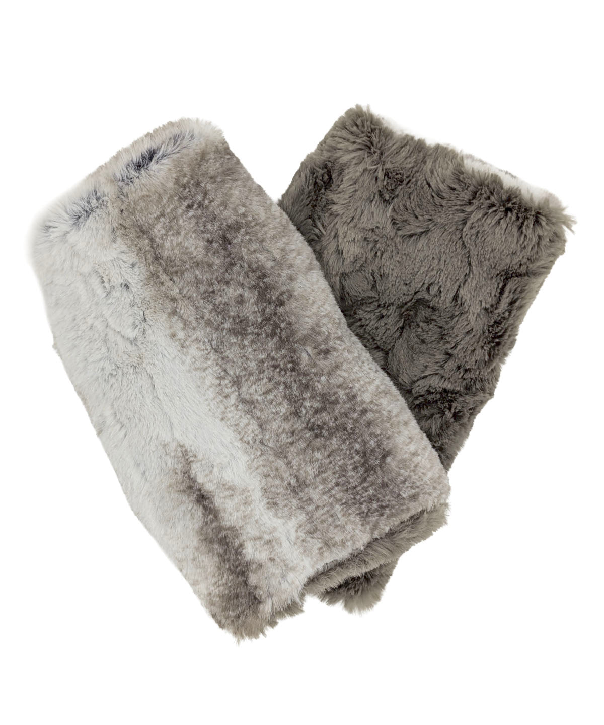 Fingerless Gloves in Classic Luxury Driftwood Faux Fur with reversible Cuddly Taupey Faux Fur. Shown with reverse side Cuddly Taupey. Made in Seattle, WA, USA by Pandemonium Seattle.