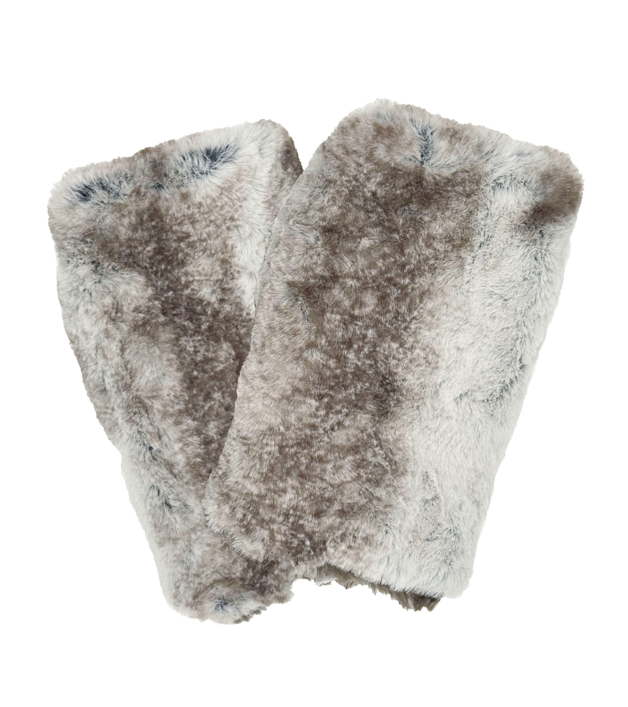 Fingerless Gloves in Classic Luxury Driftwood Faux Fur with reversible Cuddly Taupey Faux Fur. Shown with reverse side Cuddly Taupey. Made in Seattle, WA, USA by Pandemonium Seattle.