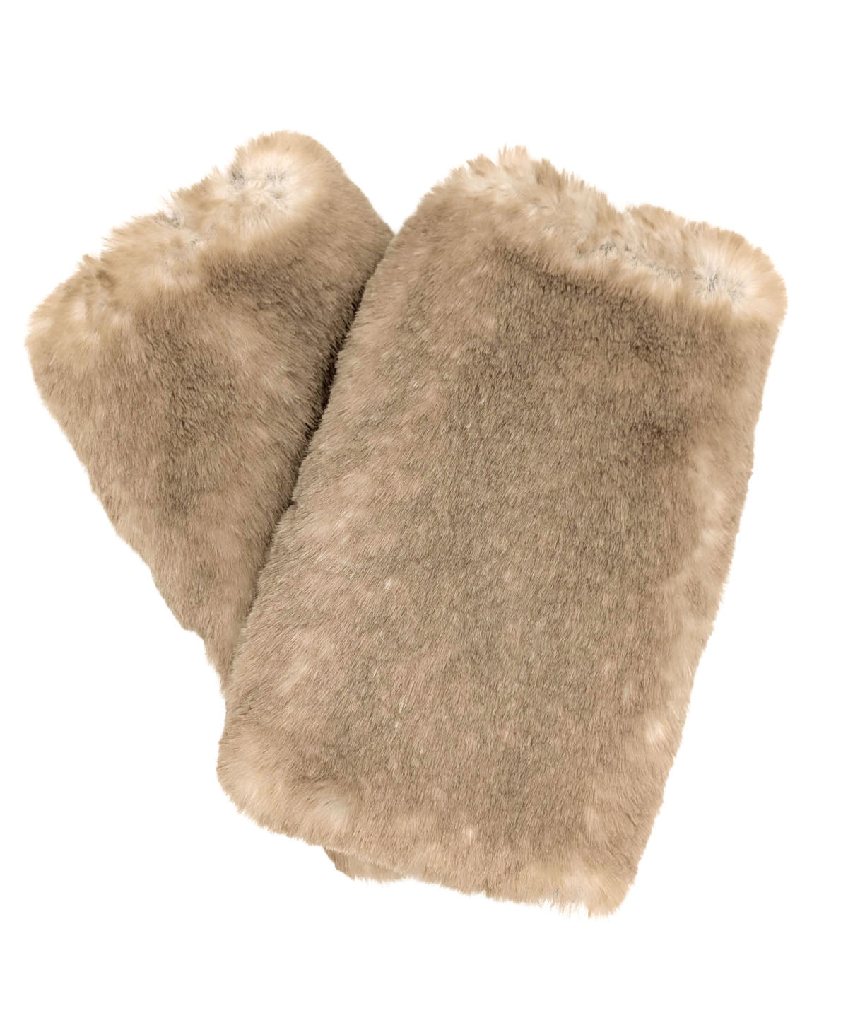 Fingerless Gloves in Coastal Plush Golden Bluff Faux Fur, reversible to Espresso Bean Faux Fur. Made in Seattle, WA, USA by Pandemonium Seattle.