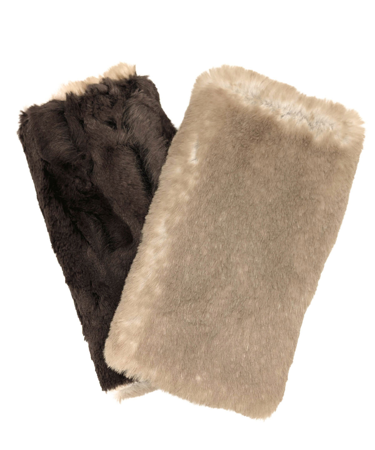 Fingerless Gloves in Coastal Plush Golden Bluff Faux Fur, reversible to Espresso Bean Faux Fur. Shown with glove reversed to Espresso Bean side. Made in Seattle, WA, USA by Pandemonium Seattle.