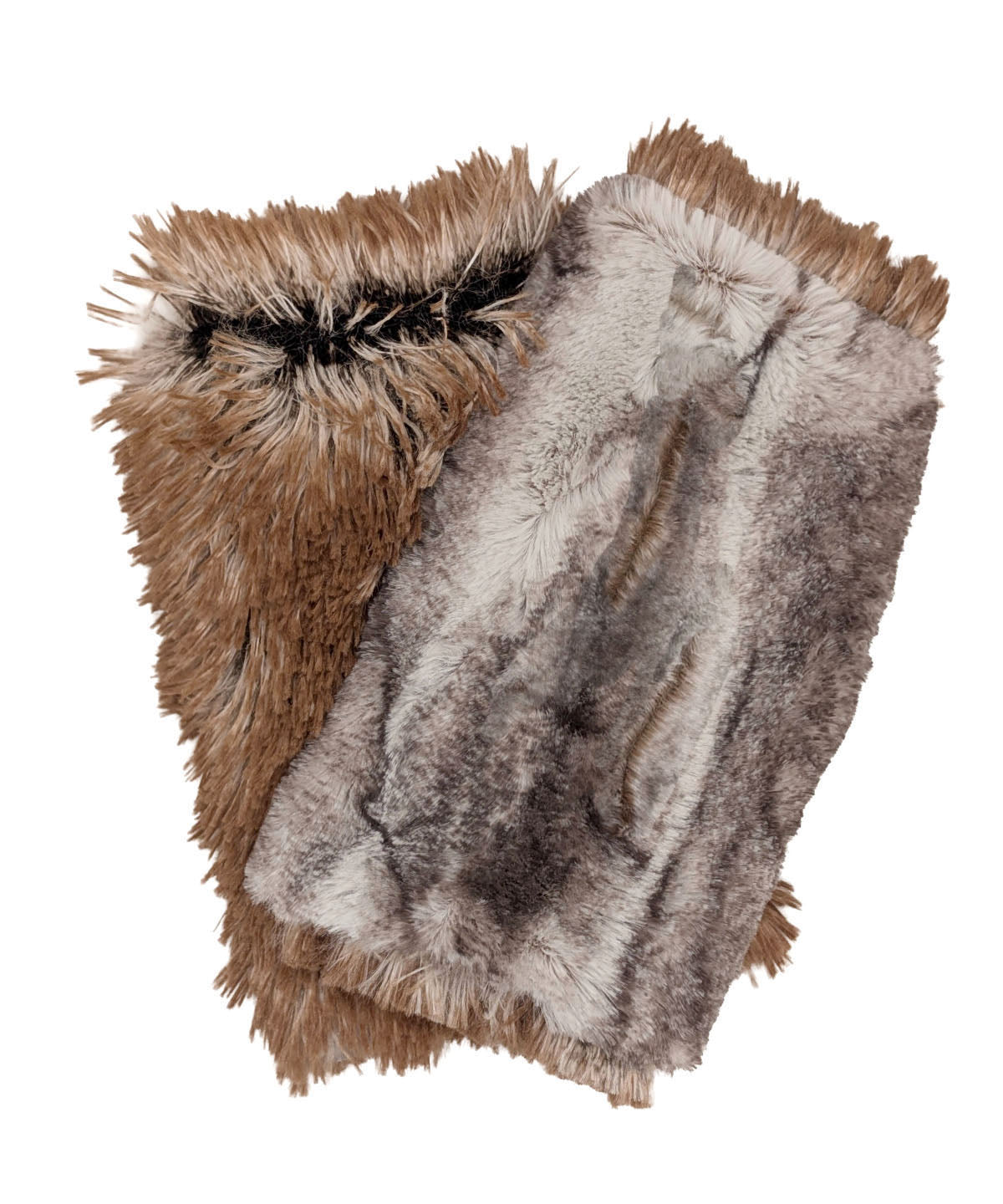 Fingerless Gloves in Classic Luxury Rusty Rock Faux Fur. Reversible to Red Fox Faux Fur. Shown reversed to Red Fox. Made in Seattle, WA, USA by Pandemonium Seattle.