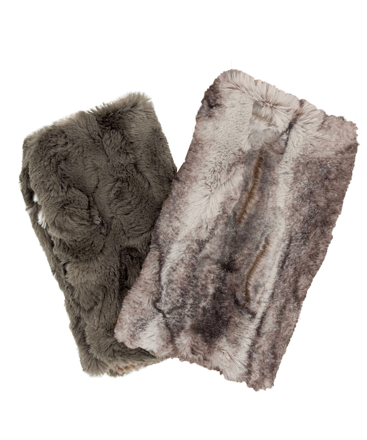 Fingerless Gloves in Classic Luxury Rusty Rock Faux Fur. Reversible to Cuddly Taupey Faux Fur. Made in Seattle, WA, USA by Pandemonium Seattle.