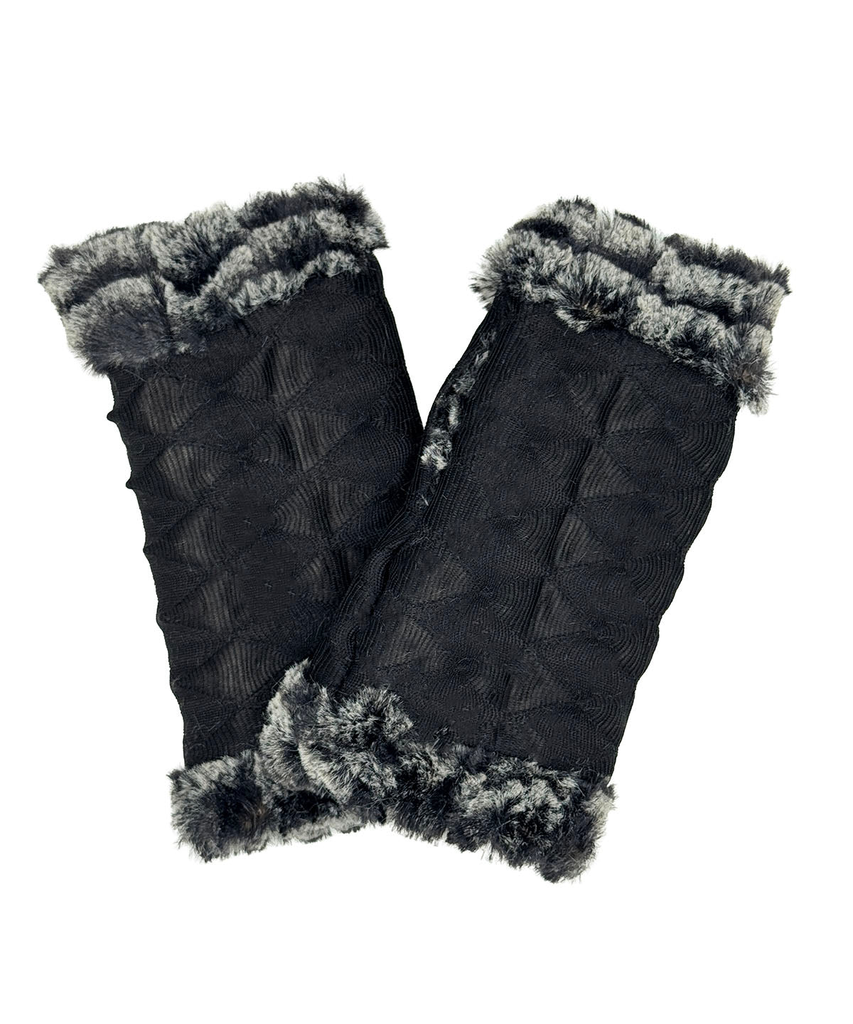 Fingerless Gloves in Fractal Black with 8MM Black and White Faux Fur on the reverse side.  Made in Seattle, WA, USA by Pandemonium Seattle.