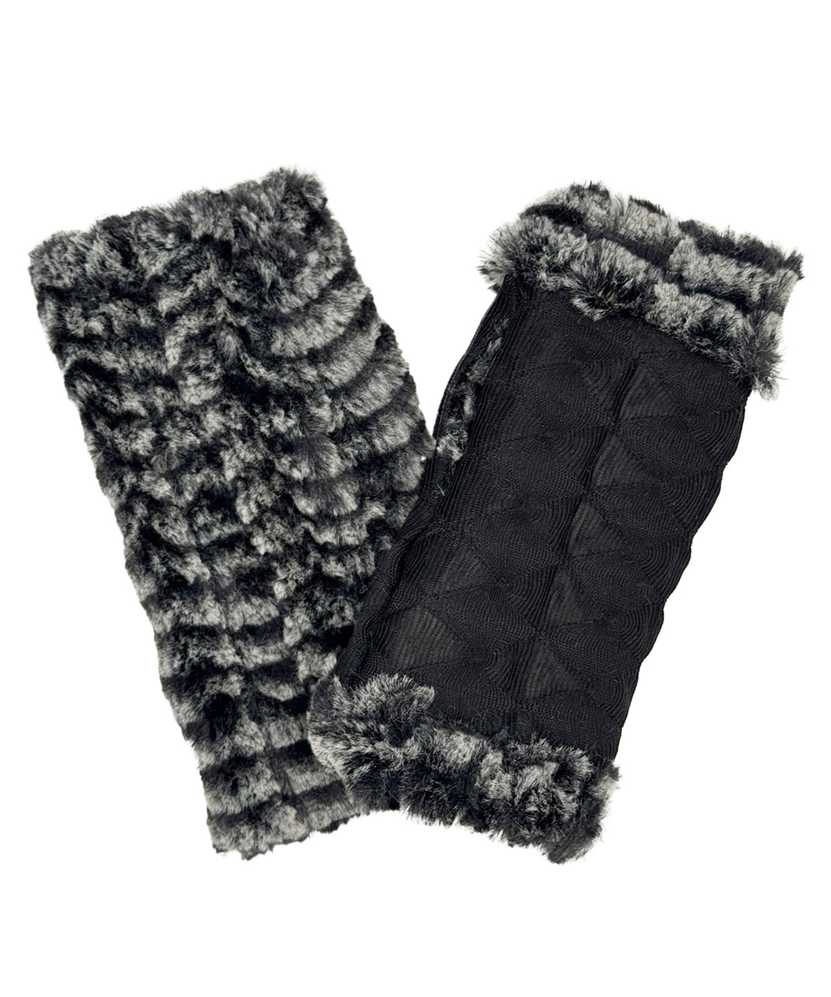 Fingerless Gloves in Fractal Black with 8MM Black and White Faux Fur on the reverse side. Shown with one glove reversed to display the 8MM Black and White Faux Fur side. Made in Seattle, WA, USA by Pandemonium Seattle.