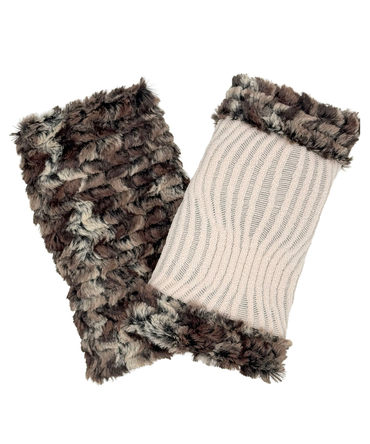 Fingerless Gloves in Fractal Blush with Calico Faux Fur on the reverse side. Shown with one glove reversed to display the Calico Faux Fur side. Made in Seattle, WA, USA by Pandemonium Seattle.