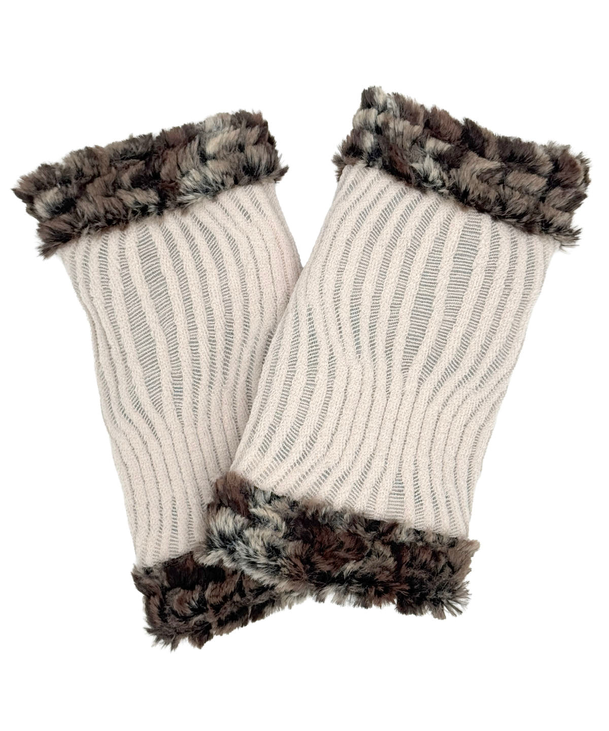 Fingerless Gloves in Fractal Blush with Calico Faux Fur on the reverse side. Made in Seattle, WA, USA by Pandemonium Seattle.