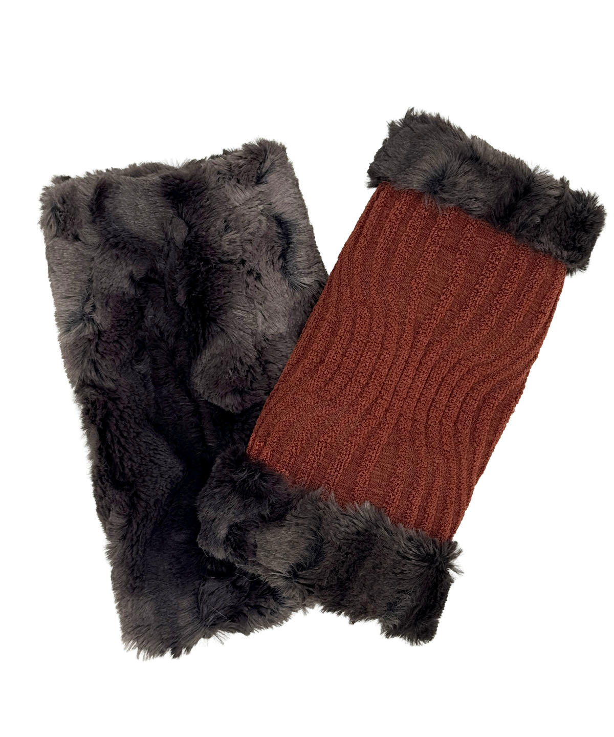 Fingerless Gloves in Fractal Burnt Sienna with Espresso Bean Faux Fur on the reverse side. Shown with one glove reversed to display the Espresso Bean Faux Fur side. Made in Seattle, WA, USA by Pandemonium Seattle.