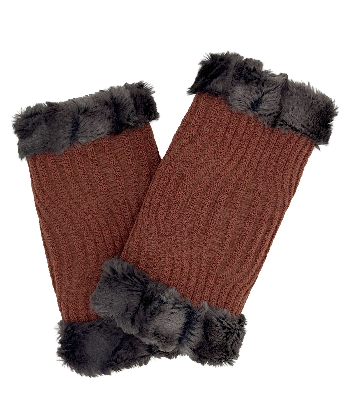 Fingerless Gloves in Fractal Burnt Sienna with Espresso Bean Faux Fur on the reverse side. Made in Seattle, WA, USA by Pandemonium Seattle.