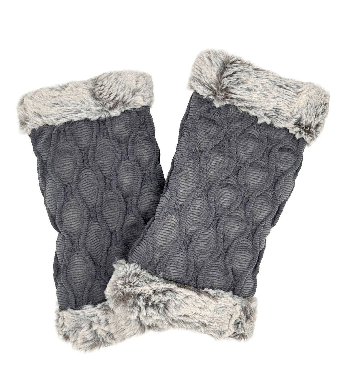 Fingerless Gloves in Fractal Gray with Khaki Faux Fur on the reverse side.  Made in Seattle, WA, USA by Pandemonium Seattle.