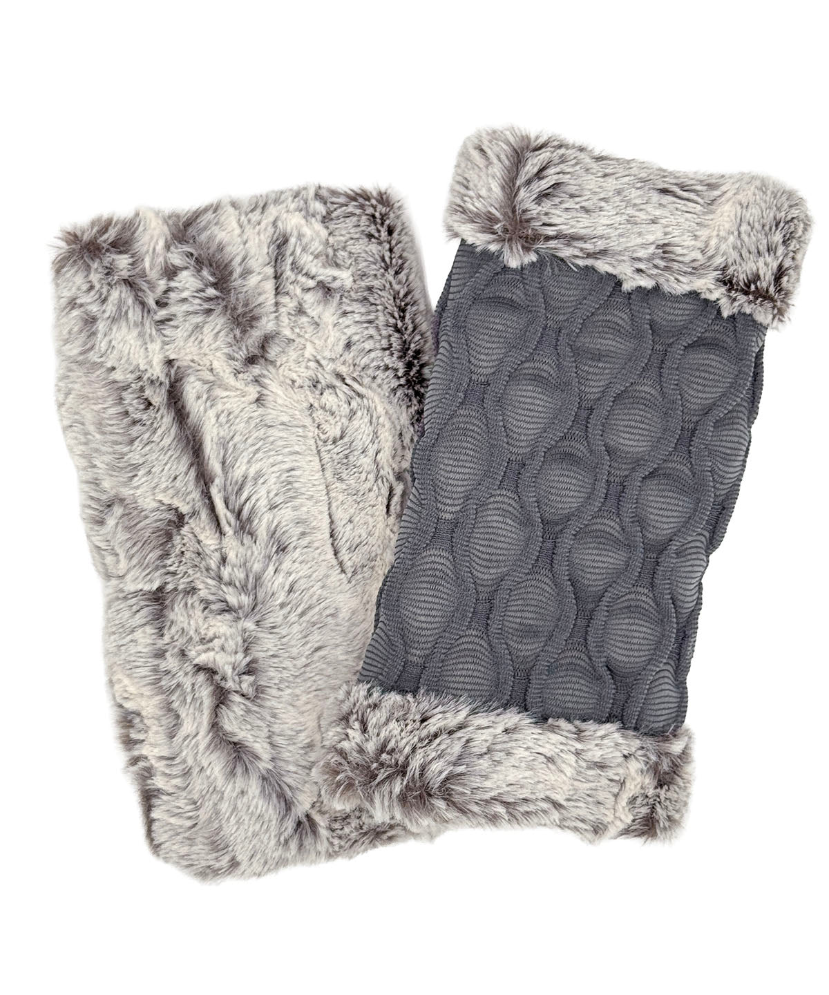 Fingerless Gloves in Fractal Gray with Khaki Faux Fur on the reverse side. Shown with one glove reversed to display the Khaki Faux Fur side. Made in Seattle, WA, USA by Pandemonium Seattle.