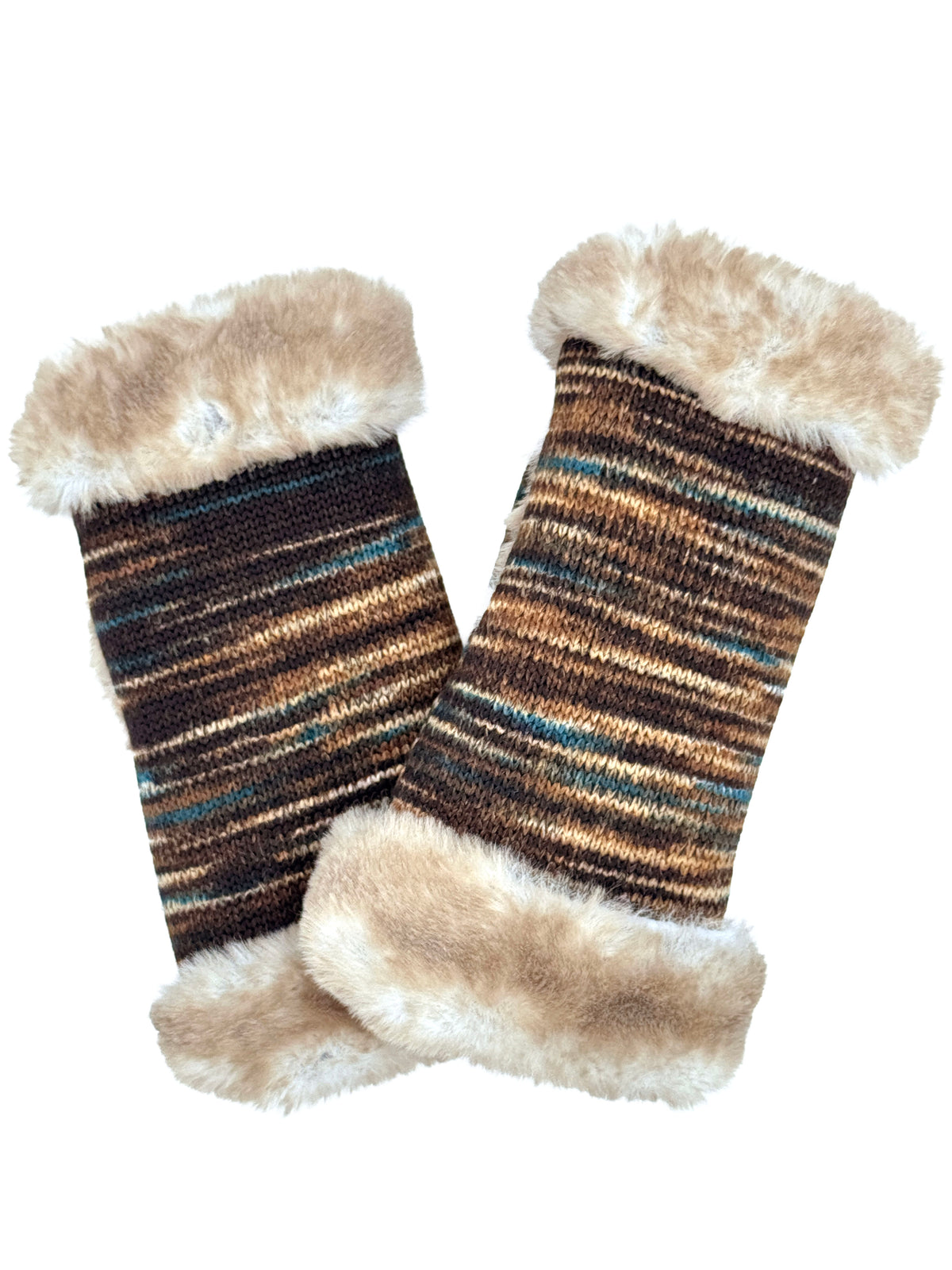 Fingerless Gloves in English Toffee Knit with Golden Bluff Faux Fur trim. Reversible to Golden Bluff Faux Fur. Made in Seattle, WA, USA by Pandemonium Seattle.
