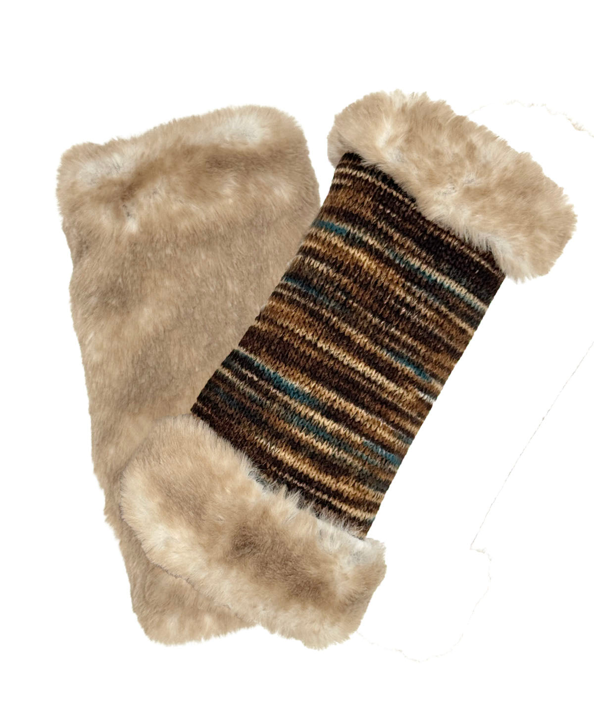 Fingerless Gloves in English Toffee Knit with Golden Bluff Faux Fur trim. Reversible to Golden Bluff Faux Fur. Made in Seattle, WA, USA by Pandemonium Seattle.