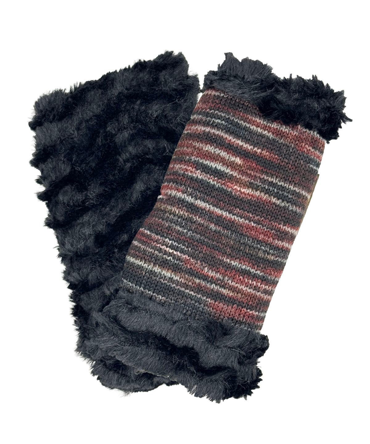 Fingerless Gloves in Cherry Cordial Knit with Desert Sand Midnight Faux Fur trim. Reversible to Desert Sand Midnight Faux Fur. Shown with one glove reversed to display Desert Sand Midnight side. Made in Seattle, WA, USA by Pandemonium Seattle.