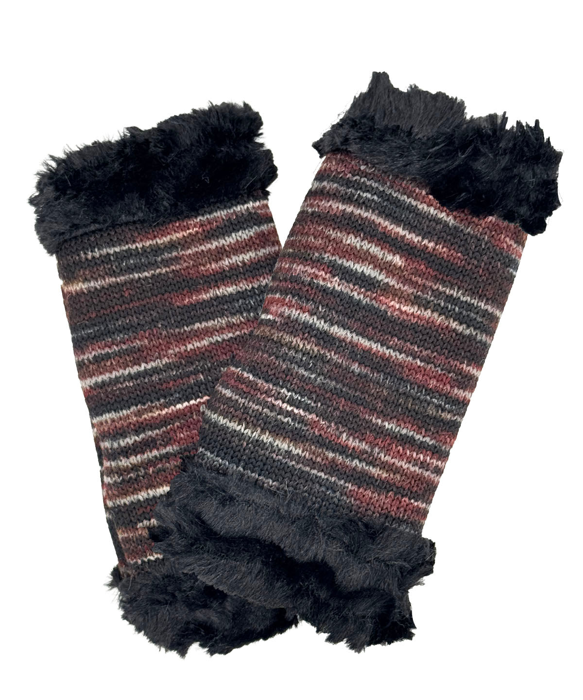 Fingerless Gloves in Cherry Cordial Knit with Desert Sand Midnight Faux Fur trim. Reversible to Desert Sand Midnight Faux Fur. Made in Seattle, WA, USA by Pandemonium Seattle.
