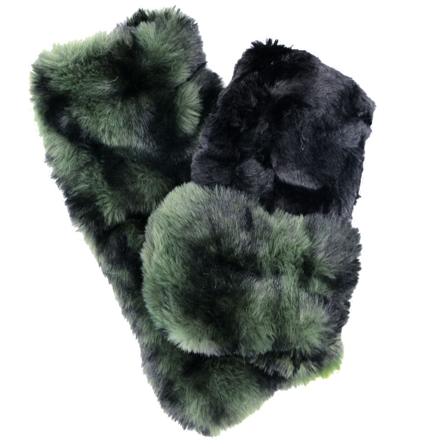  Royal Opulence Fingerless Gloves Mid in Black Pine Faux Fur shown with inside lining of Cuddly Black Faux Fur by Pandemonium Seattle.