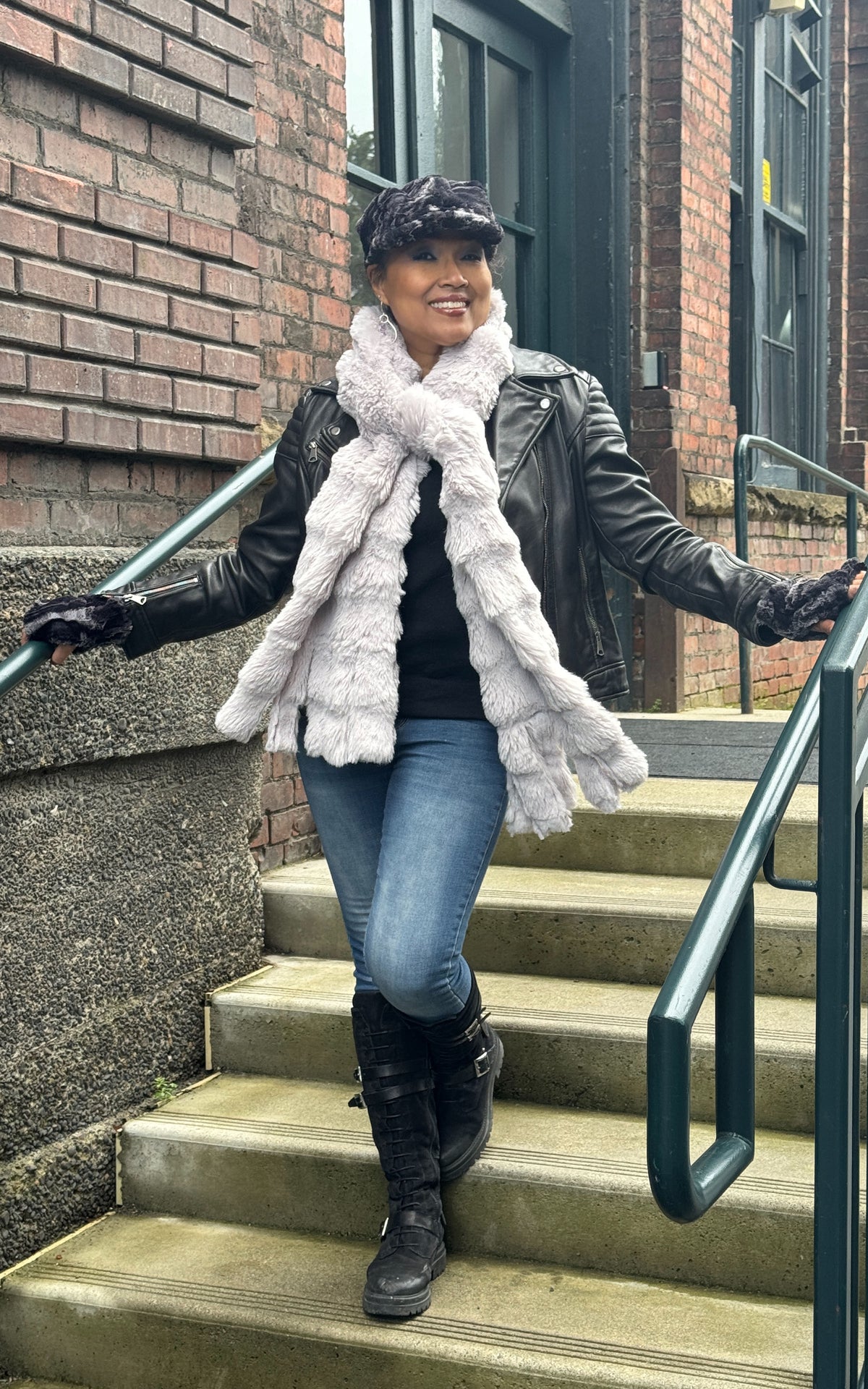 Model on stairs wearing Fringe Scarf shown in Fairy Dust Enchanted Dreams Faux Fur handmade in Seattle WA by Pandemonium Millinery