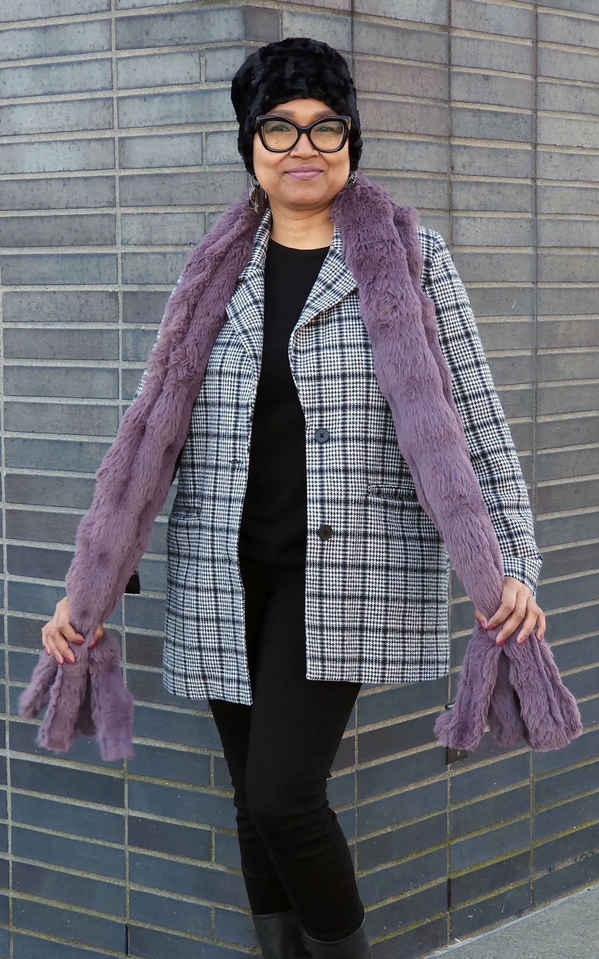 Model in Fringe Scarf in Sugar Plum Enchanted Dreams Faux Fur handmade in Seattle WA by Pandemonium Millinery