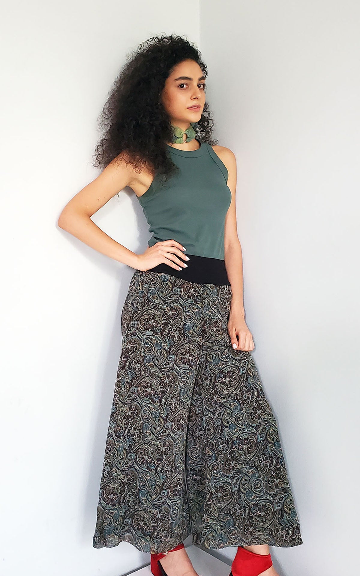 Gaucho Pants Model Shot | Peacock Paisley Chiffon with Wide Black Band | Handmade in Seattle WA USA | Leigh Young Collection