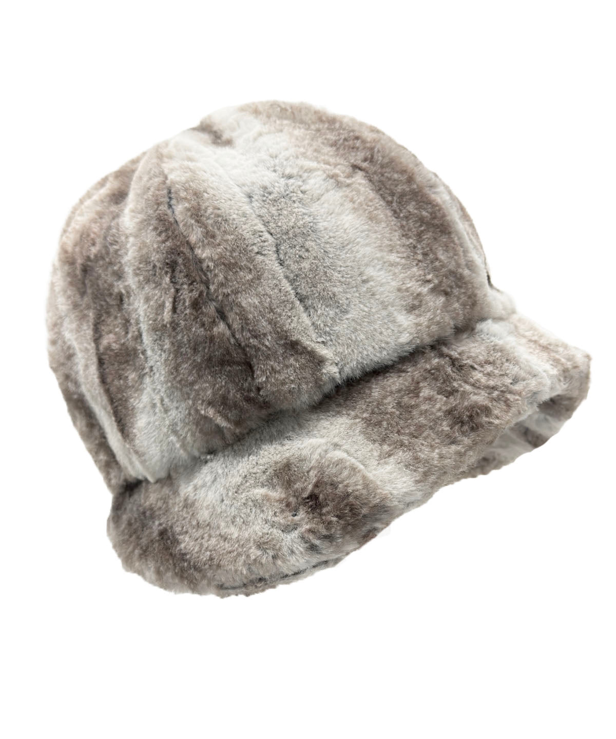 Grace Cloche Hat in Classic Luxury Driftwood Faux Fur. Shown hat only with brim turned down. Made in Seattle, WA, USA by Pandemonium Seattle.