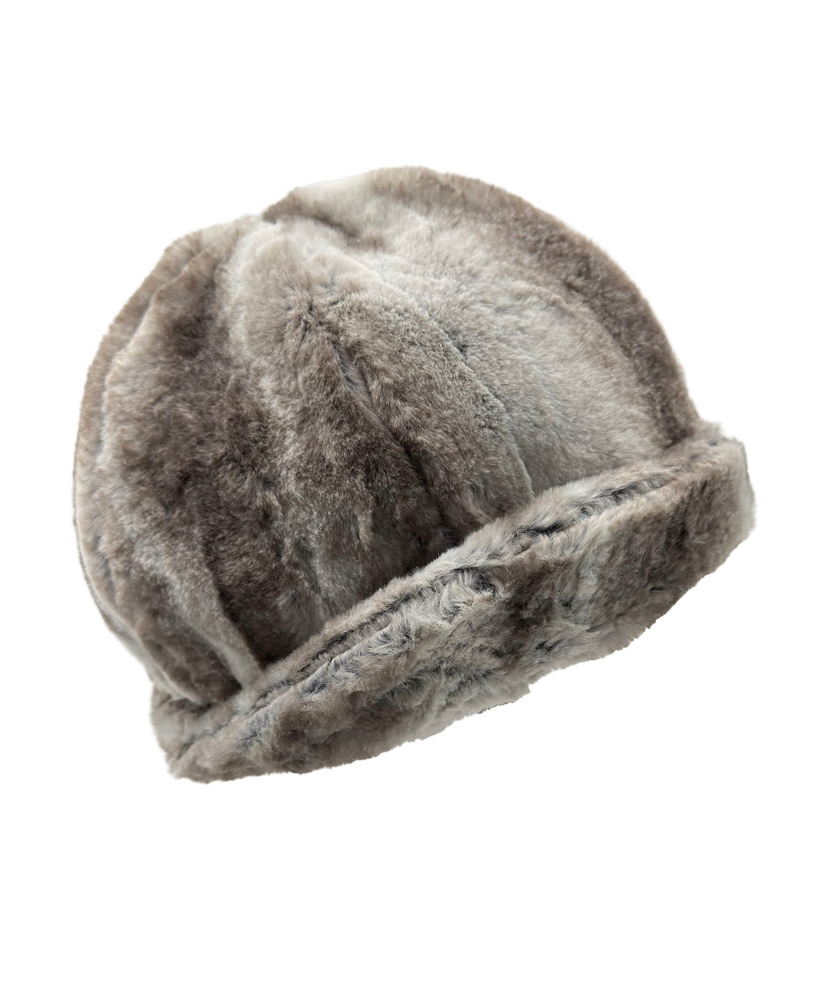 Grace Cloche Hat in Classic Luxury Driftwood Faux Fur. Shown hat only with brim turned down. Made in Seattle, WA, USA by Pandemonium Seattle.