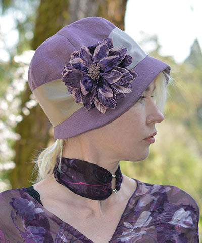 Grace Cloche Hat | Linen in Plum with Custom Floral Brooch | Handmade USA Pandemonium Millinery