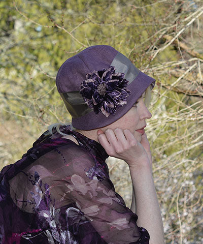 Grace Cloche Hat with Satin Sash | Linen in Plum with Custom Floral Brooch | Handmade USA Pandemonium Millinery