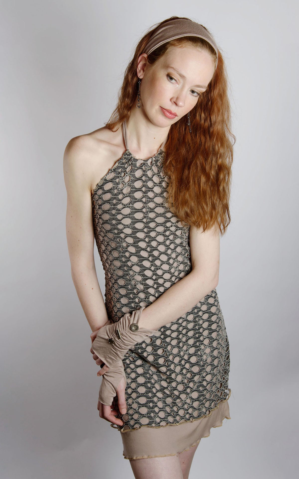 model wearing Halter Dress | Lunar Landing with a Stardust Jersey Knit Underlining | Handmade by Pandemonium Seattle in USA