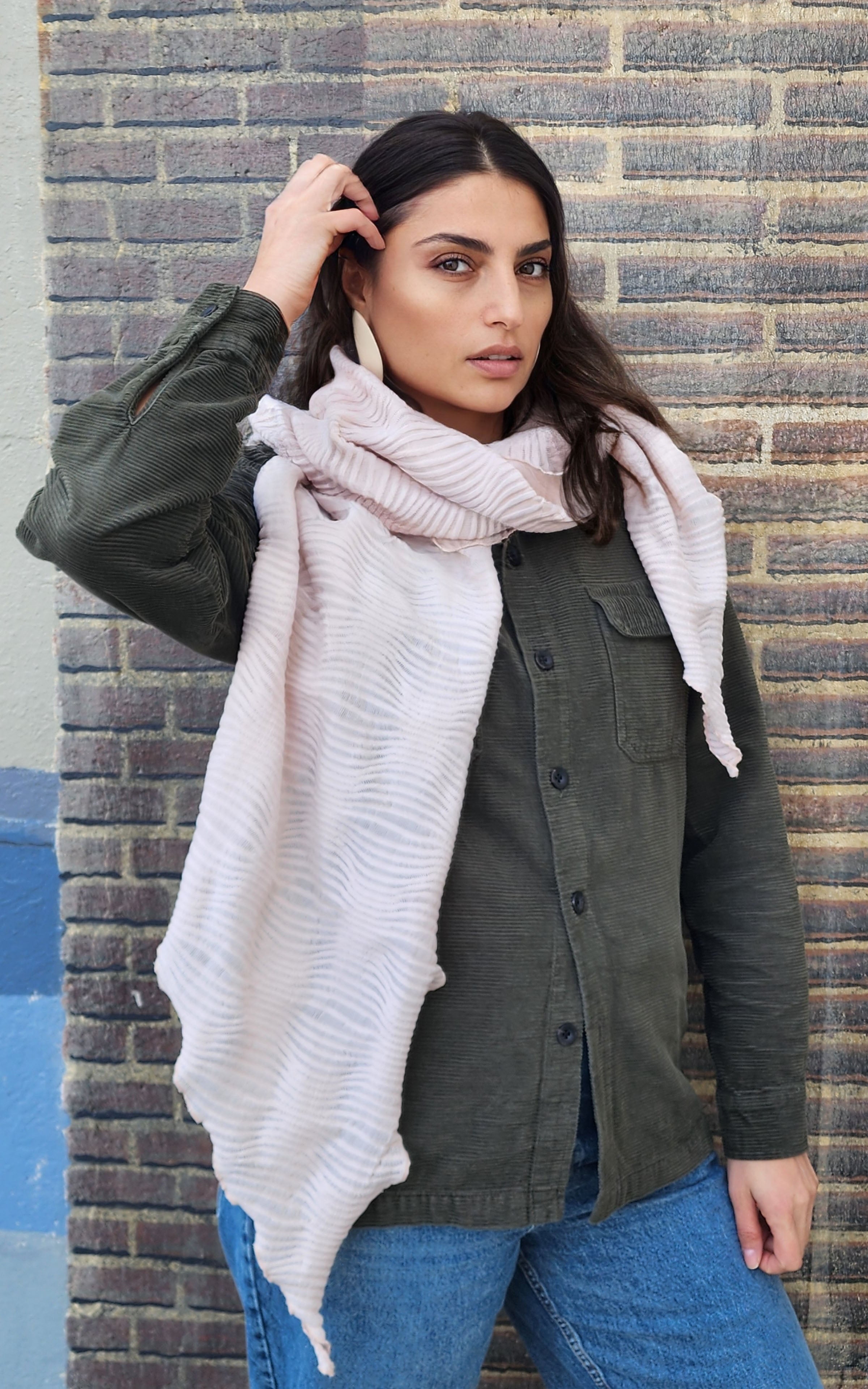 Model in Handkerchief Scarf and Rowdie in Fractal Burnt Sienna from the Pandemonium Seattle Fractal Collection. LYC by Pandemonium is handmade in Seattle, WA, USA.